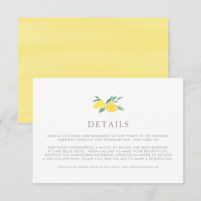 Pastel Watercolor Lemon Summer Wedding Details Enclosure Card (Front/Back)