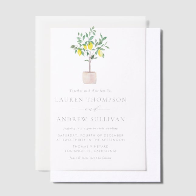 Pastel Watercolor Lemon Tree Summer Wedding Vellum Invitations (Offset)