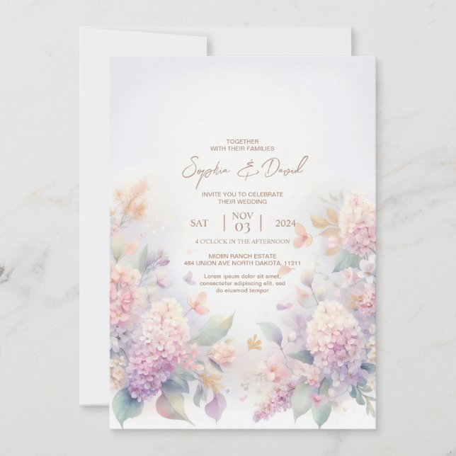 Pastel Watercolor lilas Faire-part de mariage (Devant)