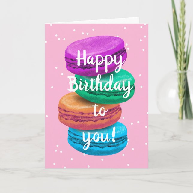 Pastel watercolor macarons Happy Birthday card (Front)