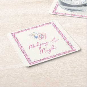 Pastel Watercolor Mahjong & Mingle Party Square Paper Coaster