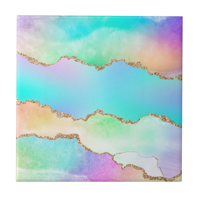 Pastel Watercolor Marble Agate Golden Glitter Tile (Front)