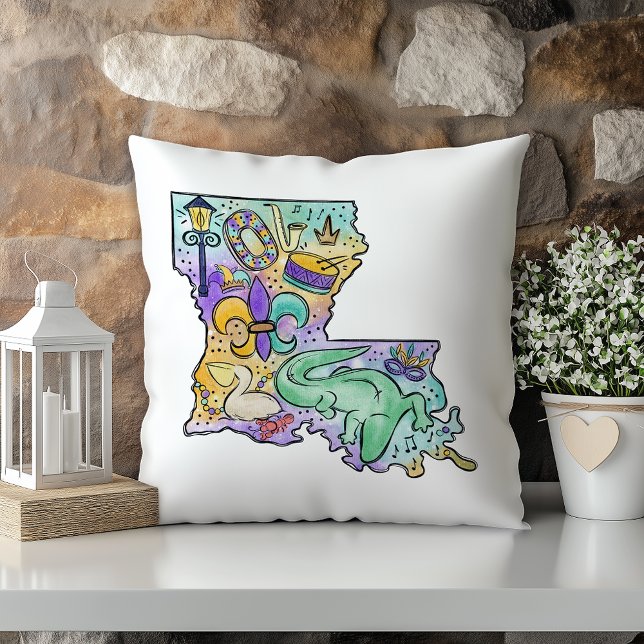 Pastel Watercolor Mardi Gras Louisiana State Throw Pillow (Creator Uploaded)