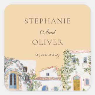 Pastel Watercolor Mediterranean Italian Wedding Square Sticker