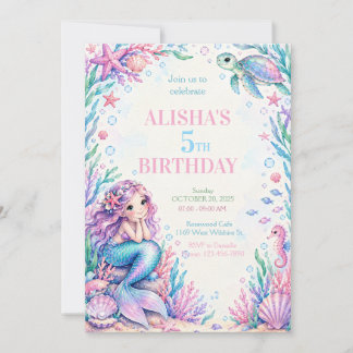 Pastel Watercolor Mermaid Under the Sea Birthday  Invitation