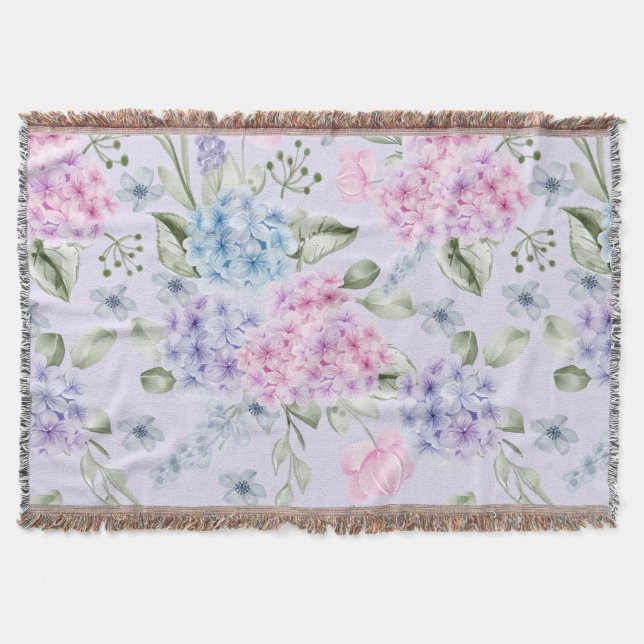 Pastel Watercolor Mixed Colour Hydrangea Flowers  Throw Blanket (Front)