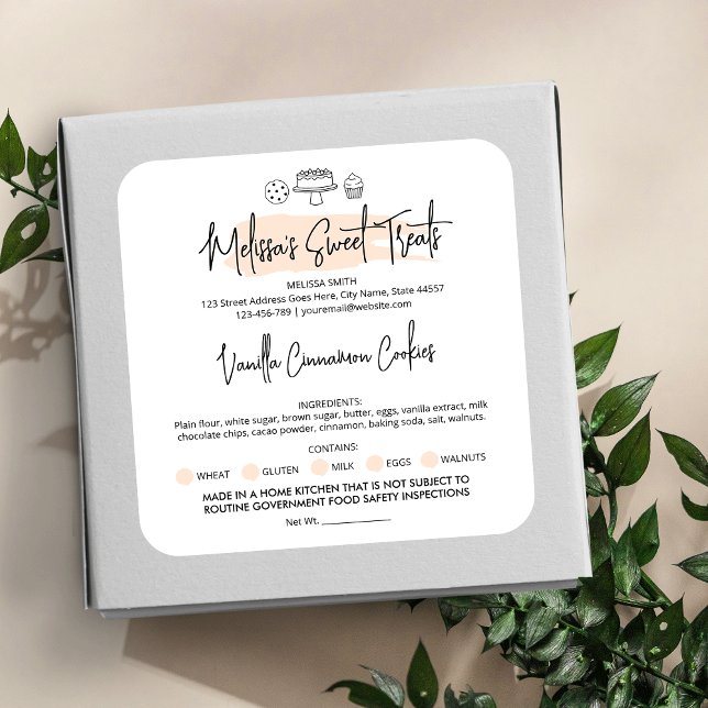 Pastel Watercolor Modern Food License Home Bakery Square Sticker (Creator Uploaded)