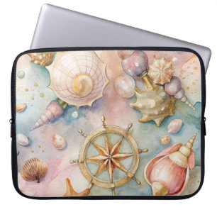 PASTEL WATERCOLOR NAUTICAL SEASHELLS & WHEEL LAPTOP SLEEVE