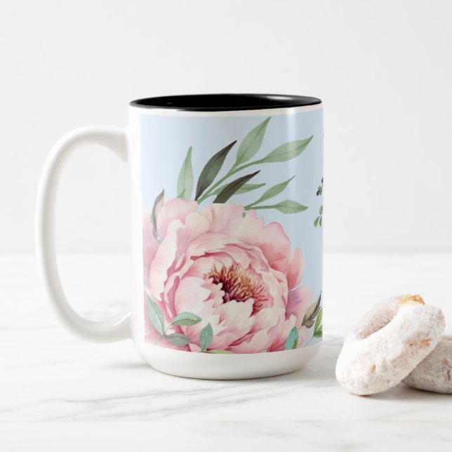Pastel Watercolor Peonies Two-Tone Coffee Mug (With Donut)