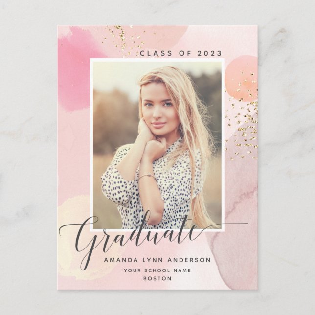 Pastel Watercolor Photo Graduation Announcement Postcard (Front)