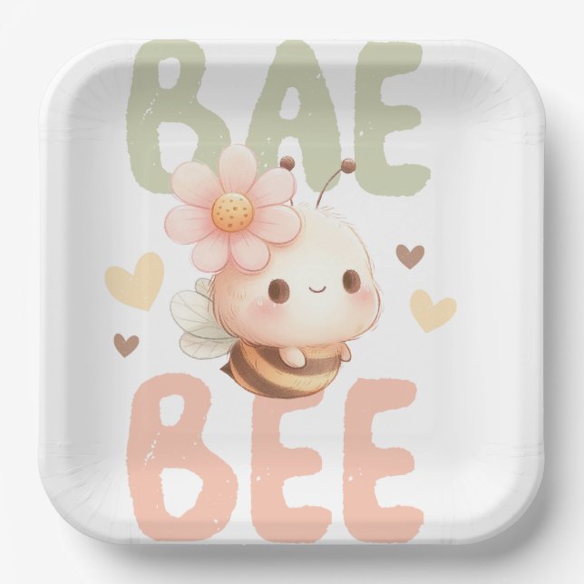 PASTEL WATERCOLOR PINK & GREEN BABY BEE PAPER PLATE (Front)