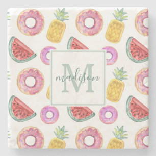 Pastel Watercolor Pool Float Pattern   Add Name Stone Coaster