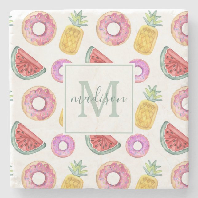 Pastel Watercolor Pool Float Pattern | Add Name Stone Coaster (Front)