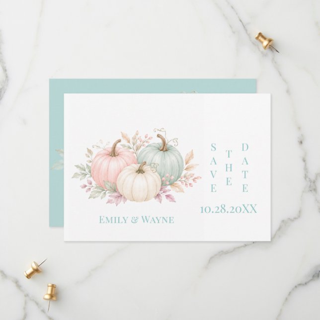 Pastel Watercolor Pumpkins Wedding Save The Date (Front/Back In Situ)
