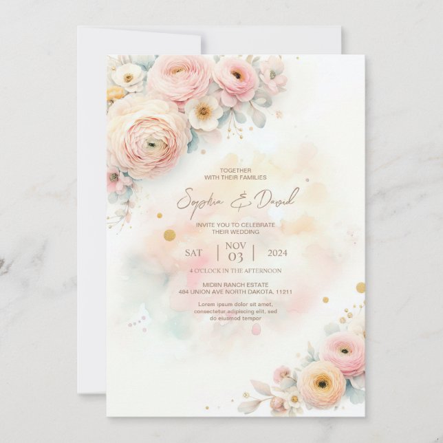 Pastel Watercolor Ranunculus Wedding Invitation (Front)