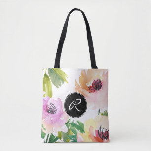 Pastel Watercolor Rose Floral with Monogram Tote Bag