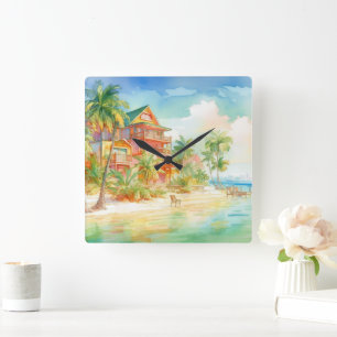 PASTEL WATERCOLOR SEASIDE HOUSE ON THE BEACH SQUARE WALL CLOCK