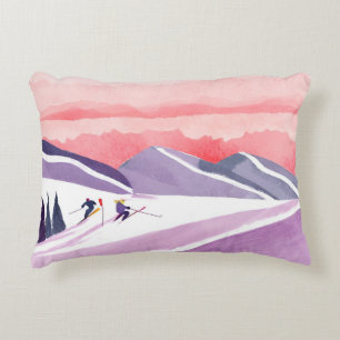 Pastel Watercolor Ski Mountain Sunset Accent Pillow