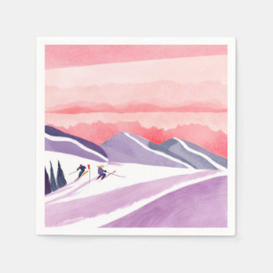 Pastel Watercolor Ski Mountain Sunset Napkin