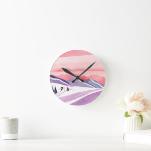 Pastel Watercolor Ski Mountain Sunset Round Clock