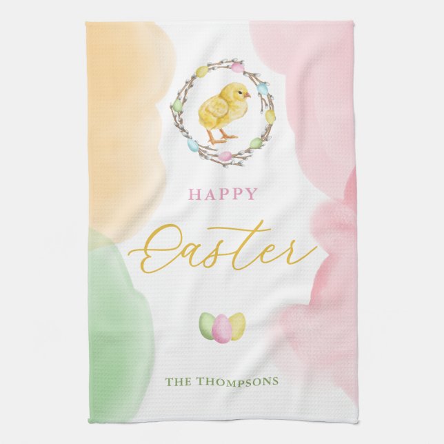 Pastel Watercolor Splashes And Chick Happy Easter Kitchen Towel (Vertical)