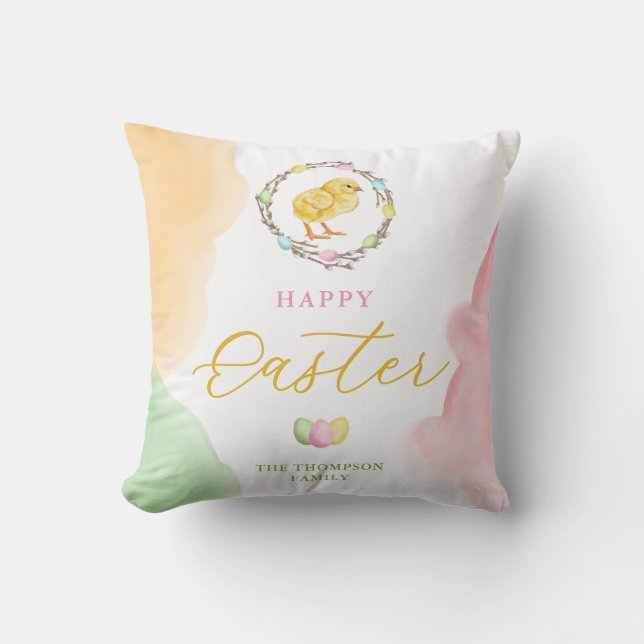 Pastel Watercolor Splashes And Chick Happy Easter Throw Pillow (Front)
