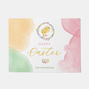 Pastel Watercolor Splashes With Chick Happy Easter Doormat