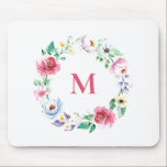 Pastel Watercolor Spring Flowers Wreath Monogram Mouse Pad<br><div class="desc">Spring floral theme mousepad. It features watercolor wreath of blue,  blush,  pink and purple flowers. Personalize by adding a monogram. This floral wreath monogram mousepad is perfect as a personalized gift.</div>