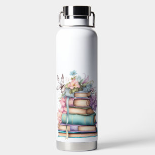 PASTEL WATERCOLOR STACK OF BOOKS WITH BUTTERFLY WATER BOTTLE