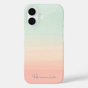 Pastel Watercolor Stripes Sea Glass and Peach Name iPhone 16 Case