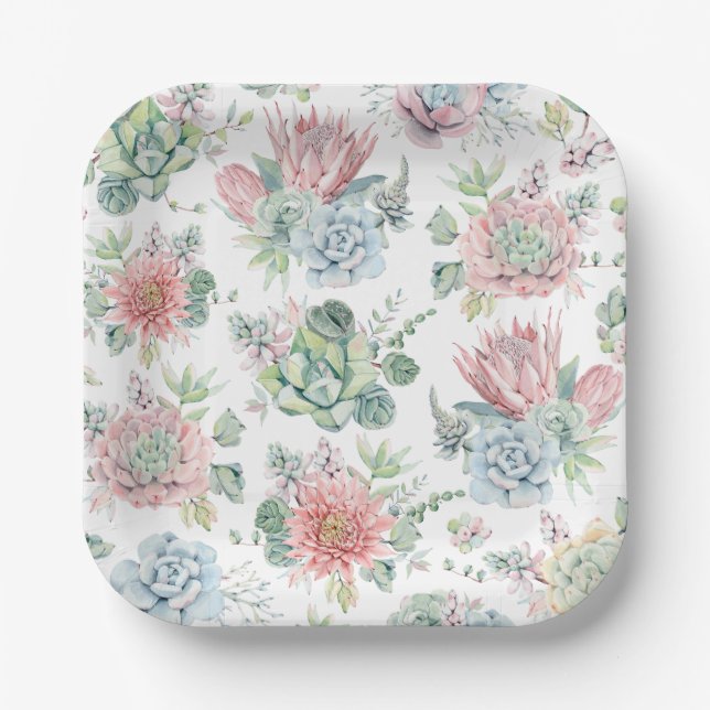 Pastel Watercolor Succulent and Cactus Pattern  Paper Plate (Front)