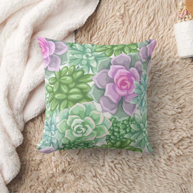Pastel Watercolor Succulent Pattern Throw Pillow — (Blanket)