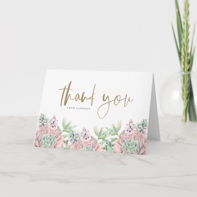Pastel Watercolor Succulents Baby Shower Thank You Card (Front)