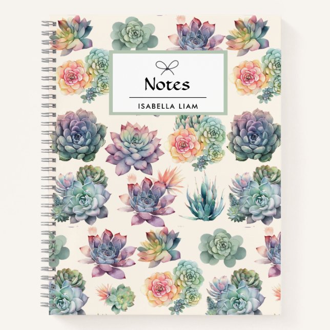 Pastel Watercolor Succulents Pattern Boho custom Notebook (Front)