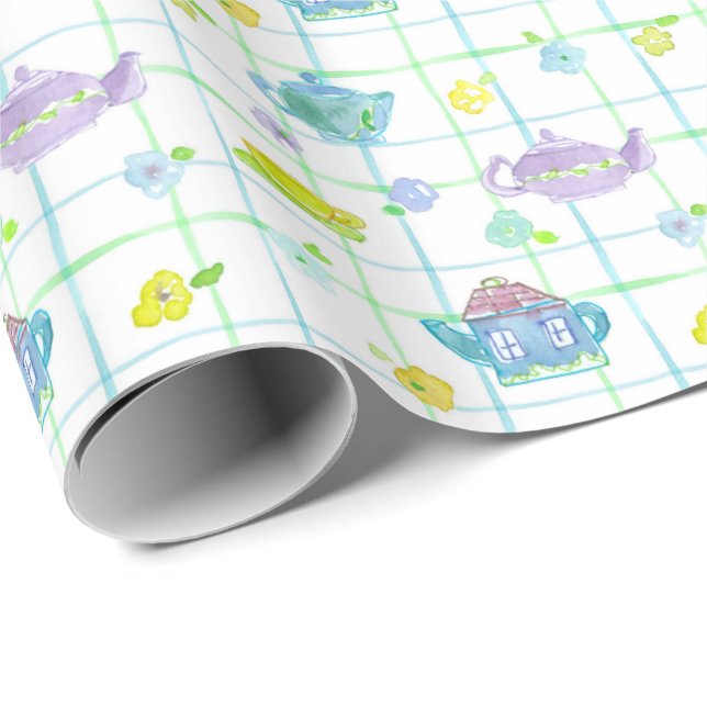 Pastel Watercolor Teapots Flowers Wrapping Paper (Roll Corner)