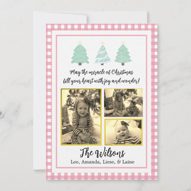 Pastel Watercolor Trees Pink Plaid Christmas Card (Front)