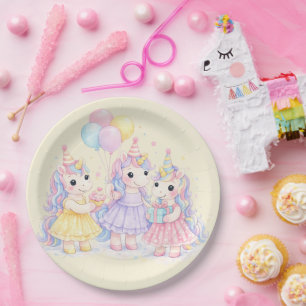 Pastel Watercolor Unicorn Girls Birthday Paper Plate