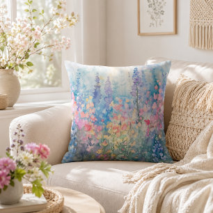 Pastel Watercolor Wildflower Meadow Throw Pillow