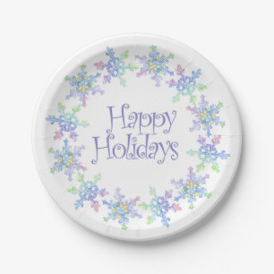 Pastel Watercolor Winter Snowflakes Happy Holidays Paper Plate