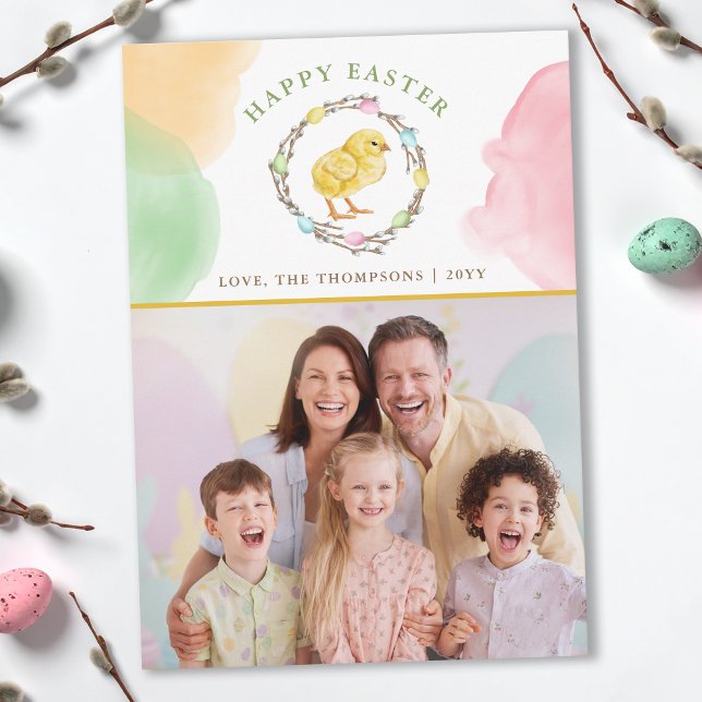 Pastel Watercolor Wreath And Chick Easter Photo Card (Creator Uploaded)