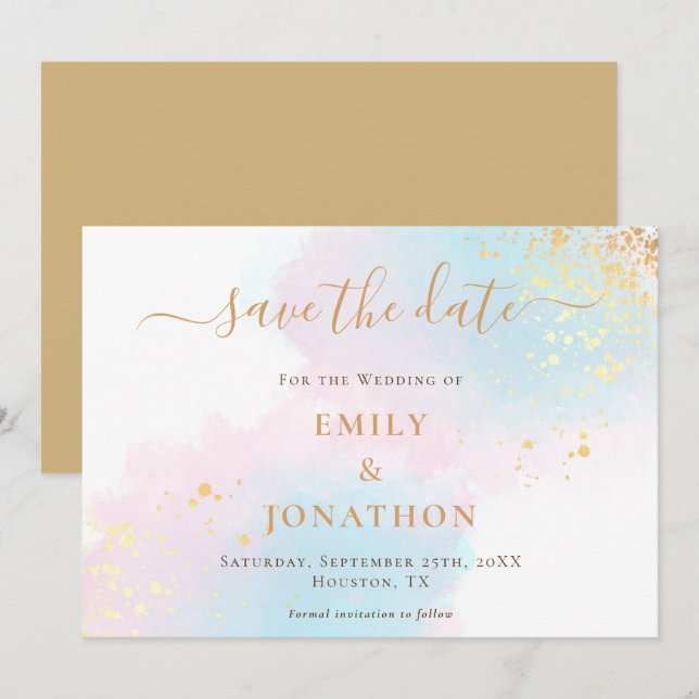 Pastel Watercolors Blue Pink Gold Wedding Save The Date (Front/Back)