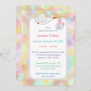 Pastel Watercolors Stork with Bundle Baby Shower Invitation