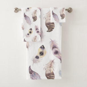 Pastel watercolors tribal feathers pattern bath towel set