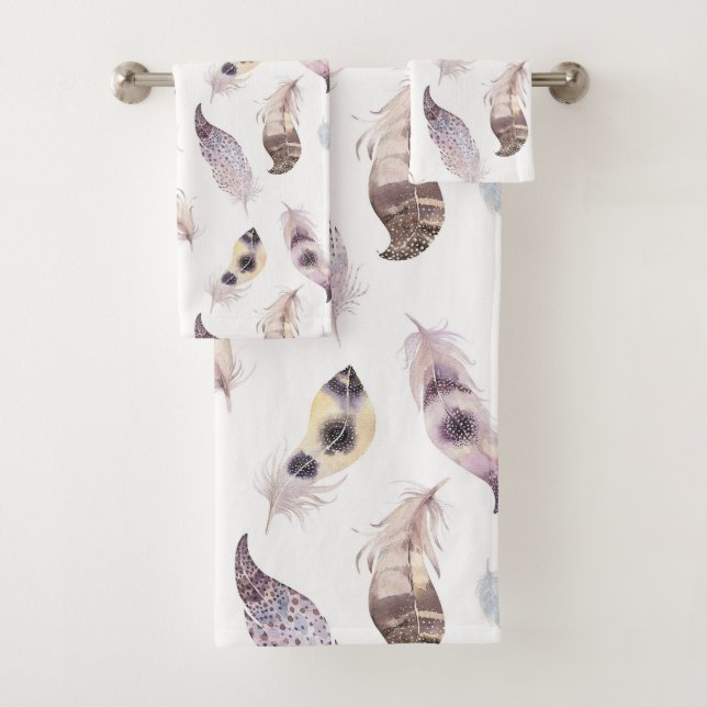 Pastel watercolors tribal feathers pattern bath towel set (Insitu)