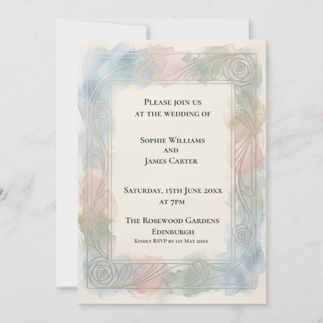 Pastel Watercolour Art Nouveau Wedding Invitation (Front)