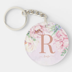 Pastel Watercolour Floral Monogram Photo Keychain