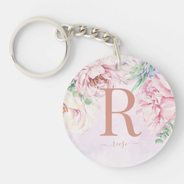 Pastel Watercolour Floral Monogram Photo Keychain (Front)