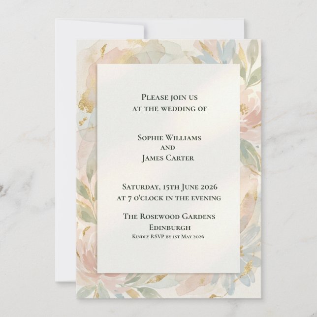 Pastel Watercolour Floral Wedding Invitation (Front)