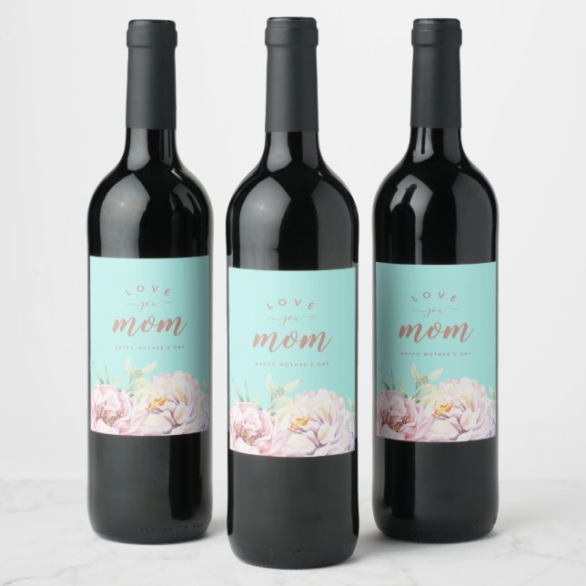 Pastel Watercolour Florals | Love You Mom  Wine La Wine Label (Bottles)