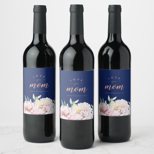 Pastel Watercolour Florals | Love You Mom  Wine Label (Bottles)